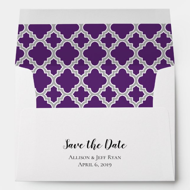 Purple Gray Quatrefoil Save The Date Envelope (Back (Bottom))