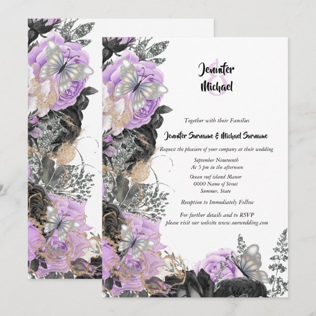 Purple gray rose butterfly chic elegant wedding invitation (Front/Back)