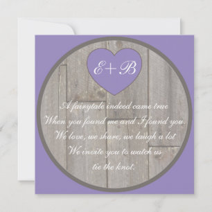 Purple gray rustic heart rhyming wedding invites