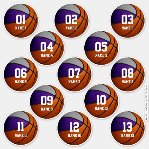 purple gray set of 13 kids basketball sticker