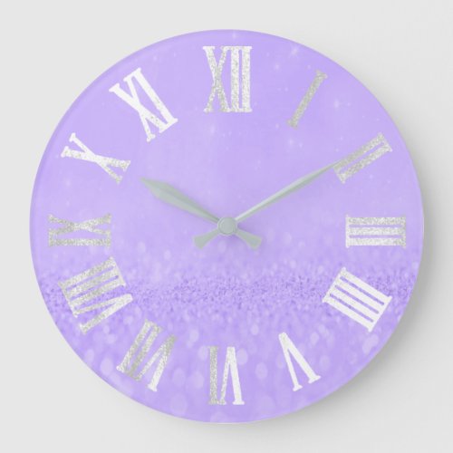 Purple Gray Silver Glitter Metal Roman Numers Large Clock