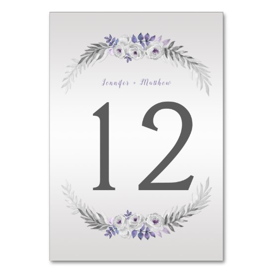 Purple Gray Silver Watercolor Floral Table | Table Number