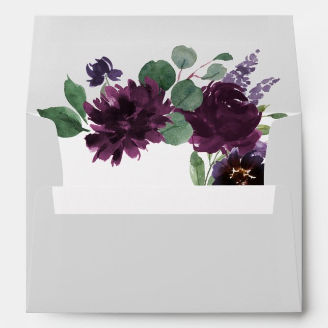 Purple Gray Silver Watercolor Peony Fall Wedding Envelope (Back (Bottom))
