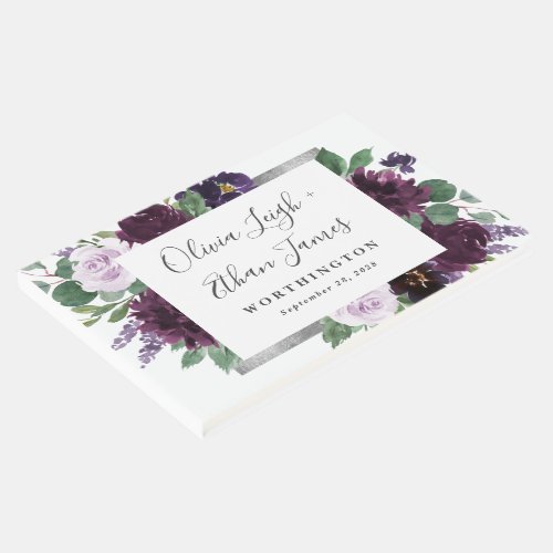 Purple Gray Silver Watercolor Peony Fall Wedding Guest Book