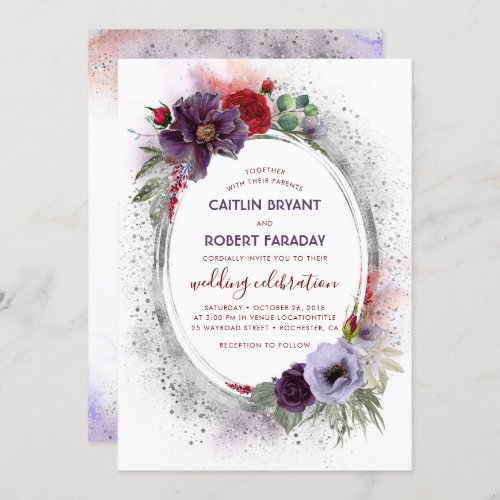 Purple Gray Silver Watercolor Peony Fall Wedding Invitation