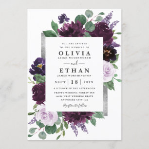 Purple Gray Silver Watercolor Peony Fall Wedding Invitation