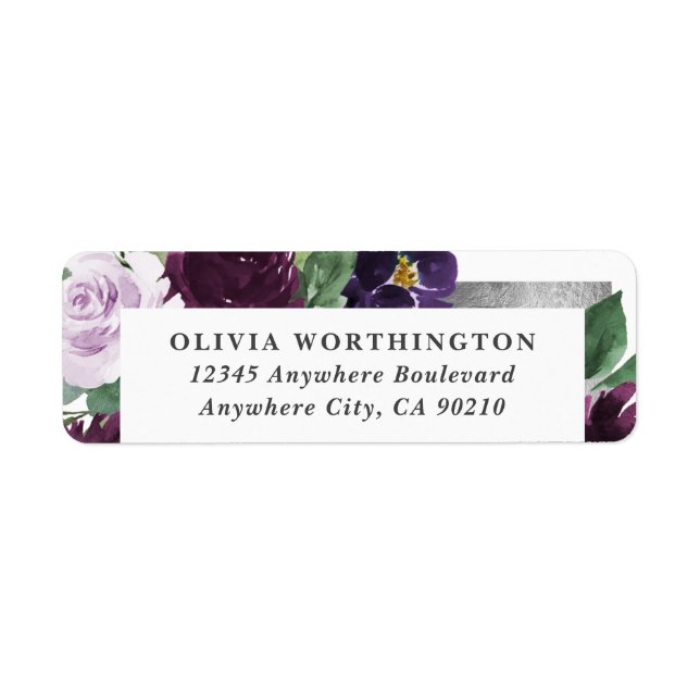 Purple & Gray Silver Watercolor Peony Fall Wedding Label (Front)