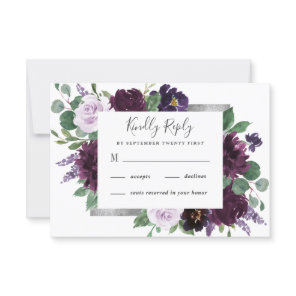 Purple Gray Silver Watercolor Peony Fall Wedding RSVP Card