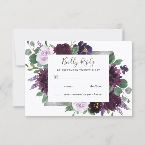 Purple Gray Silver Watercolor Peony Fall Wedding RSVP Card