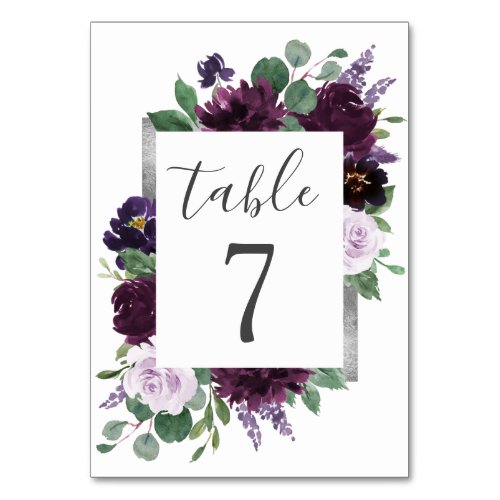 Purple Gray Silver Watercolor Peony Fall Wedding Table Number