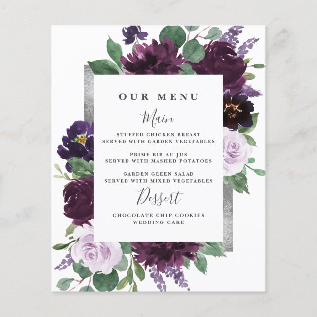 Purple Gray Silver Watercolor Wedding Menu Cards (Front)