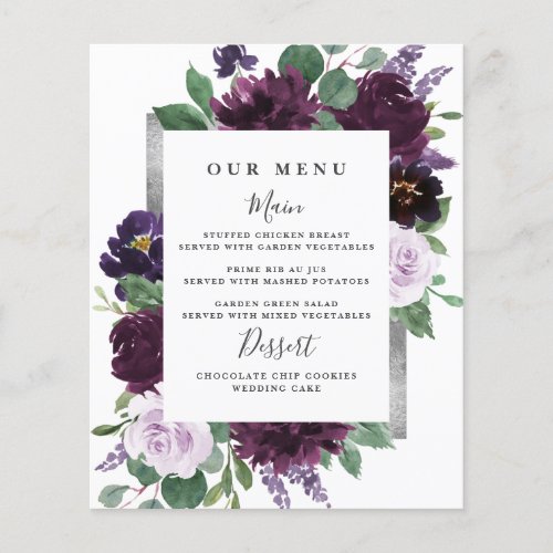 Purple Gray Silver Watercolor Wedding Menu Cards
