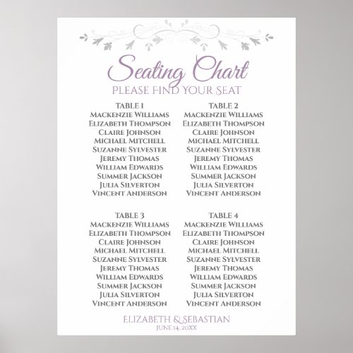 Purple  Gray Simple 4 Table Wedding Seating Chart