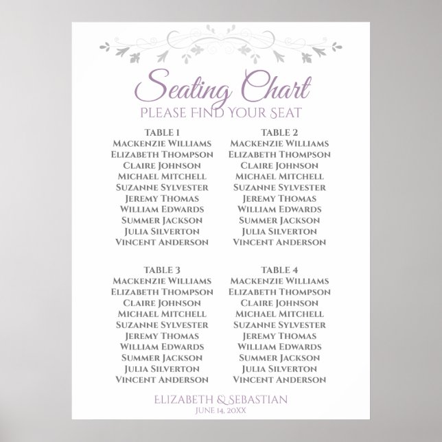Purple & Gray Simple 4 Table Wedding Seating Chart (Front)