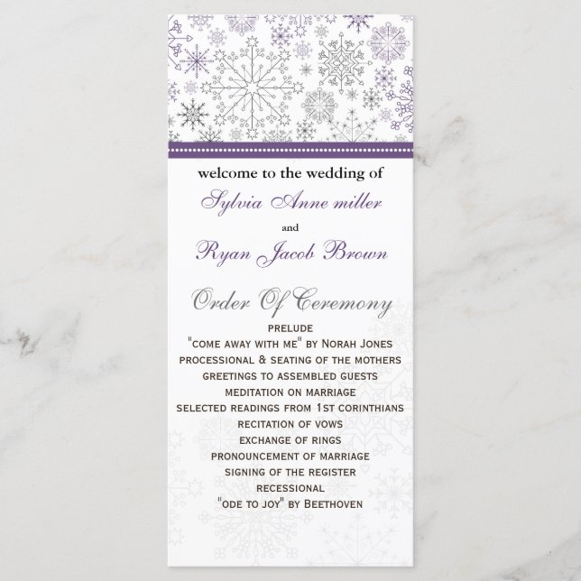 purple gray snowflake mod winter Wedding program (Front)