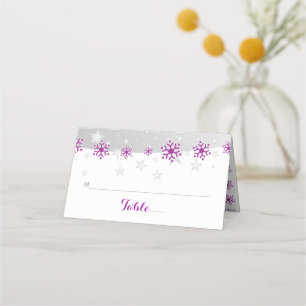 Purple gray snowflake winter wedding folded escort place card