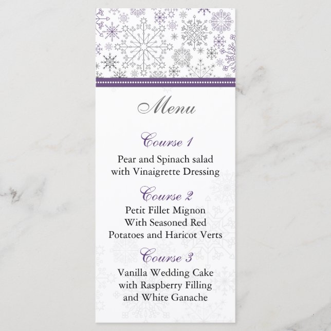 purple gray snowflake winter wedding menu cards (Front)