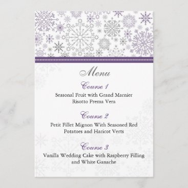 purple gray snowflake winter wedding menu cards