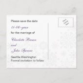 purple gray snowflake winter wedding save the date announcement postcard (Back)