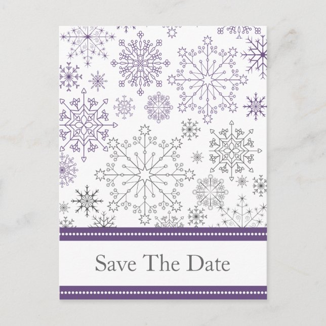 purple gray snowflake winter wedding save the date announcement postcard (Front)