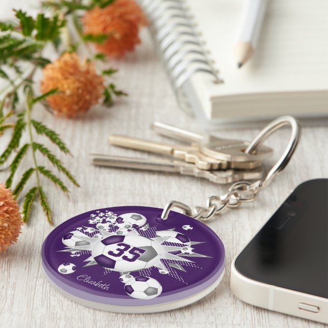 Purple gray soccer ball blowout athlete name  keychain (Front Right)