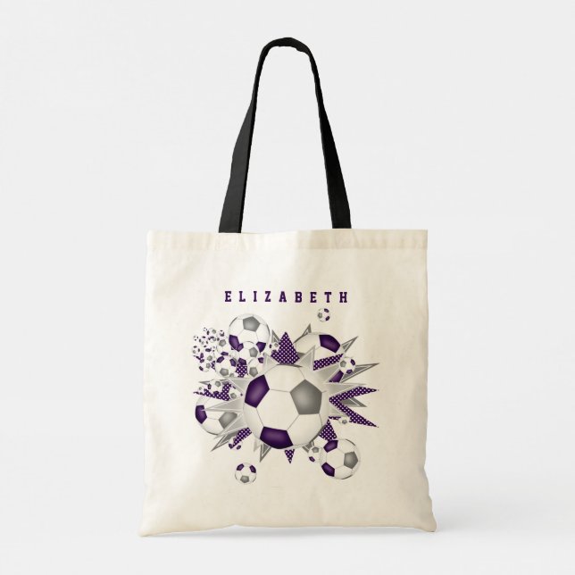 purple gray soccer ball blowout girls name tote bag (Back)