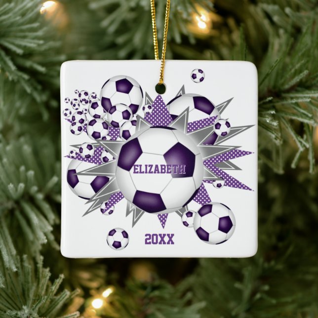 purple gray soccer ball blowout girls sports ceramic ornament (Tree)