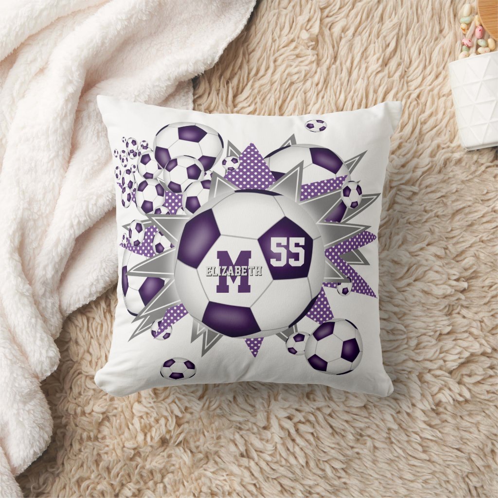 purple gray soccer ball blowout girly sports room throw pillow