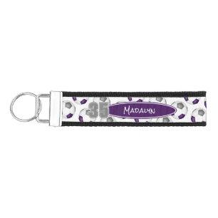 purple gray soccer balls pattern athlete name wrist keychain