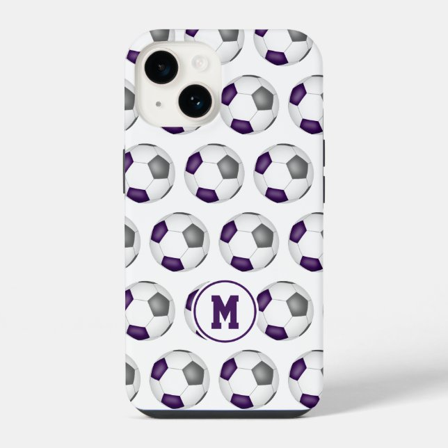 purple gray soccer balls pattern monogrammed iphone case (Back)