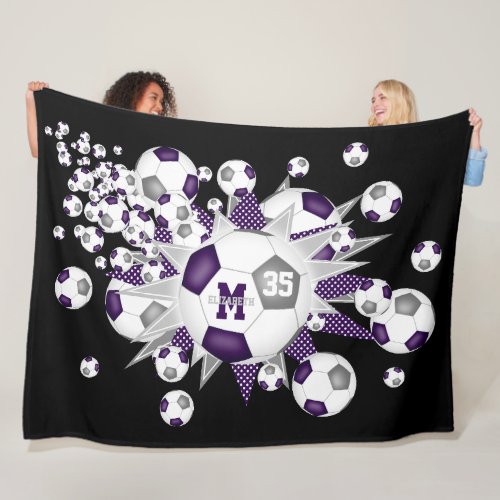 Purple gray soccer balls stars athlete sports room fleece blanket