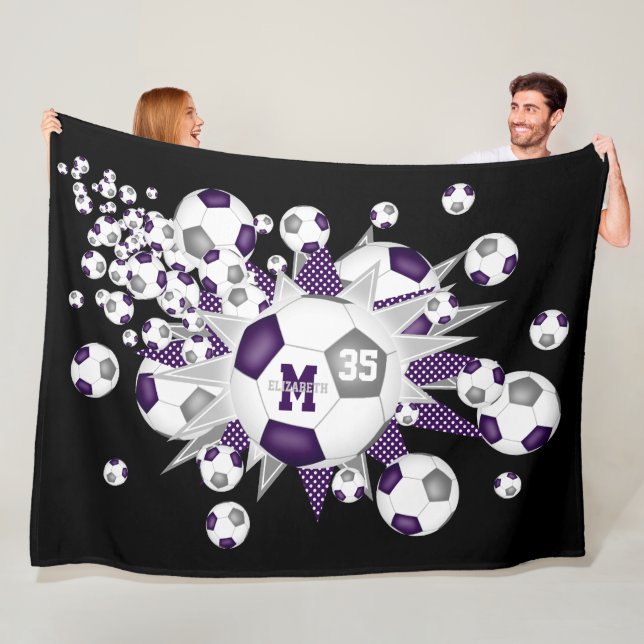 Purple gray soccer balls stars athlete sports room fleece blanket (In Situ)