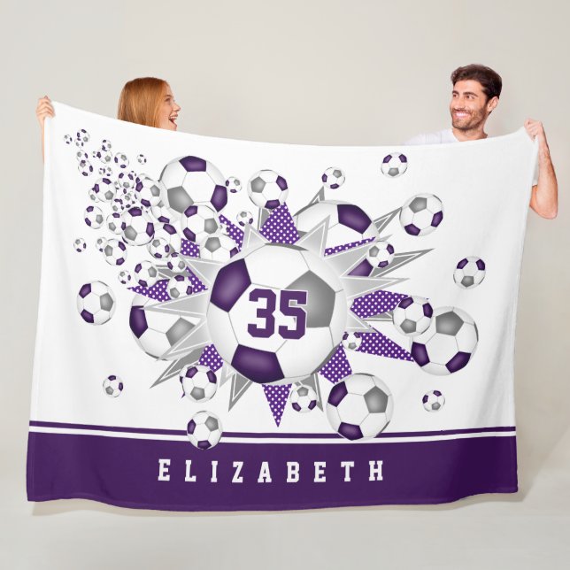 Purple gray soccer balls stars athlete sports room fleece blanket (In Situ)