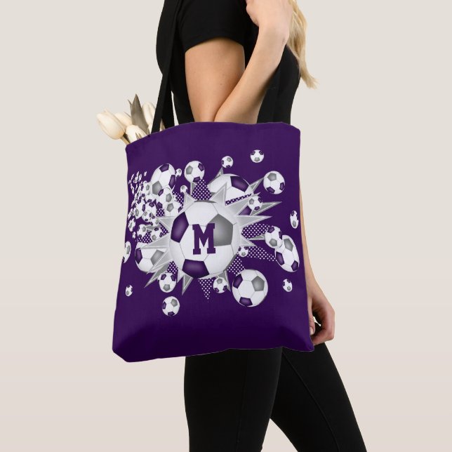 Purple gray soccer balls stars monogrammed tote bag (Close Up)