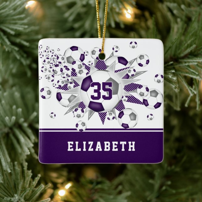 Purple gray soccer balls stars personalized  ceramic ornament (Tree)