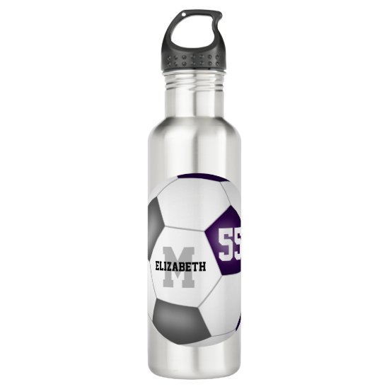 purple gray soccer girl boy school team colors stainless steel water bottle
