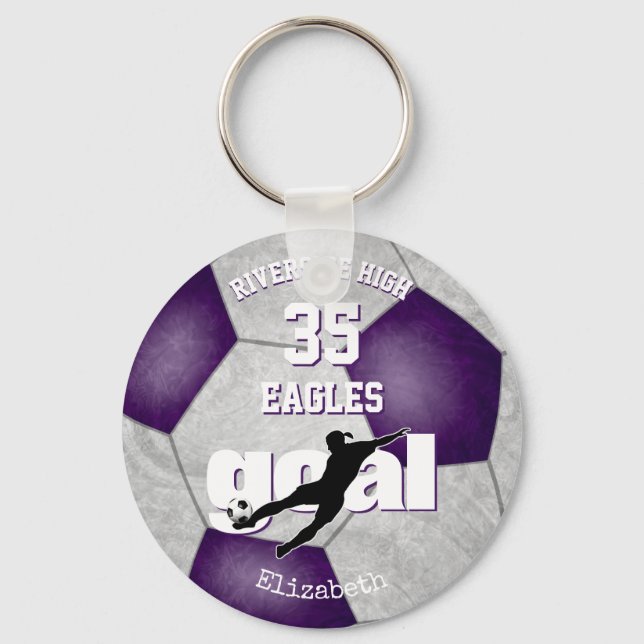 purple gray soccer team spirit girls sports keychain (Front)