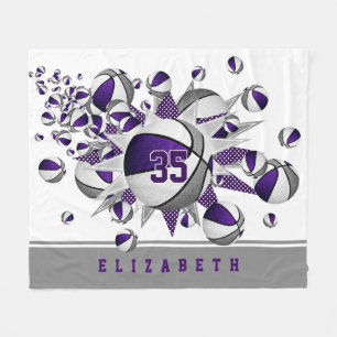 purple gray sports decor girls basketballs stars fleece blanket
