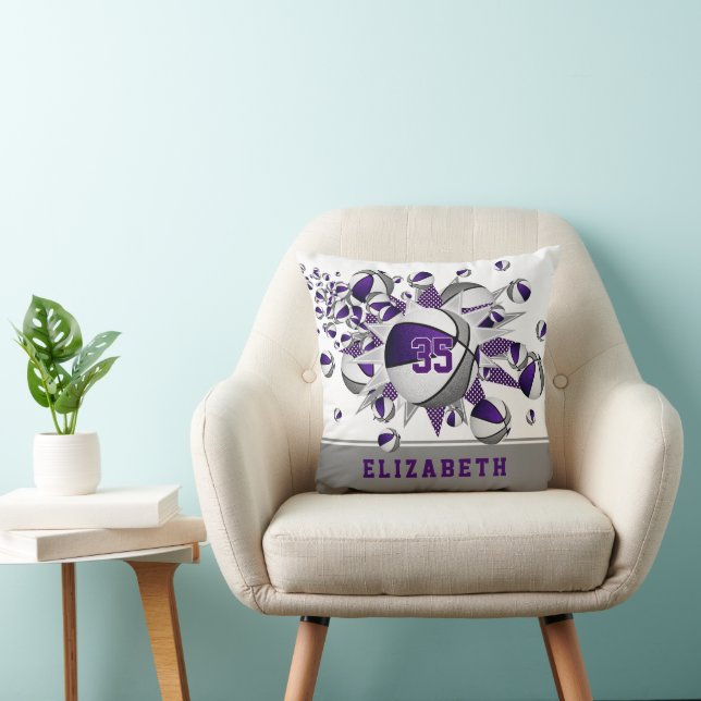 purple gray sports room girls basketballs stars throw pillow (Chair)