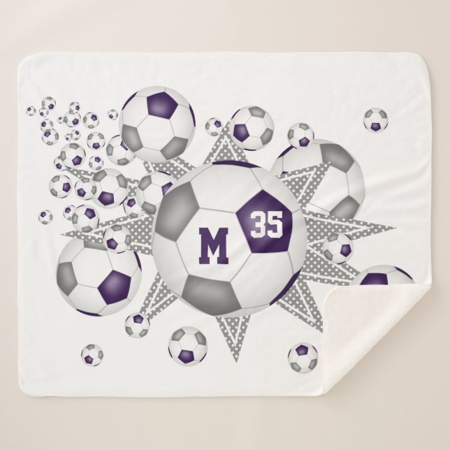 purple gray sports room soccer ball blowout sherpa blanket (Front (Horizontal))