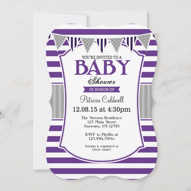 Purple Gray Stripes Baby Shower Invitation (Front)