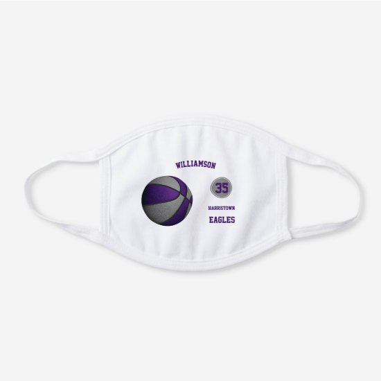 purple gray team colors boy girl basketball player white cotton face mask