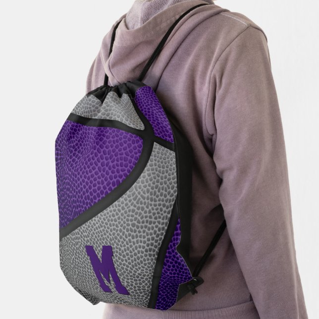 purple gray team colors boys girls basketball drawstring bag (Insitu)