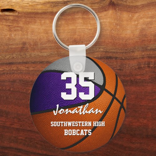 Purple gray team colors boys girls basketball keychain