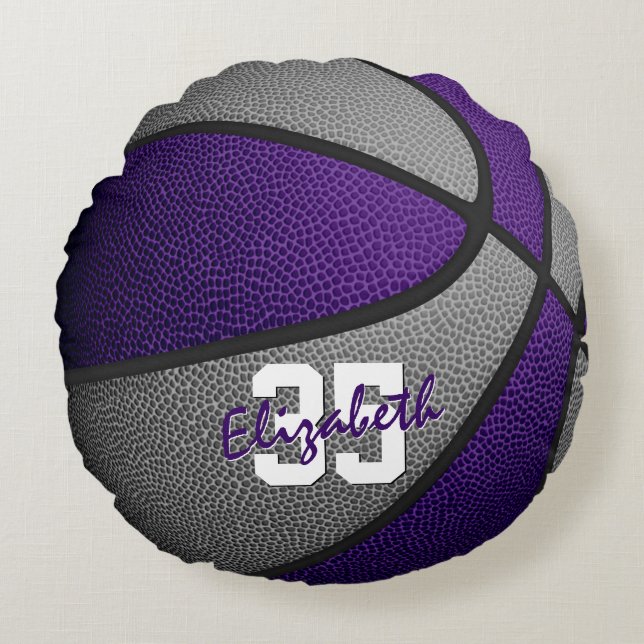 purple gray team colors girls boys basketball round pillow (Front)