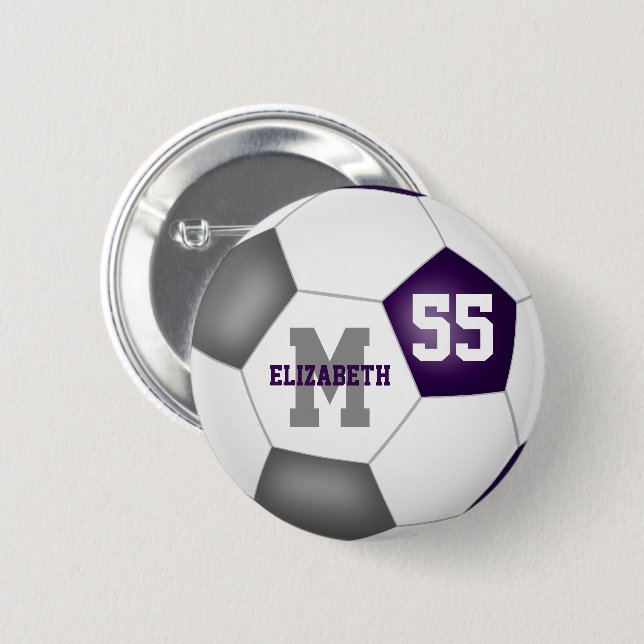purple gray team colors girls soccer personalized button (Front & Back)