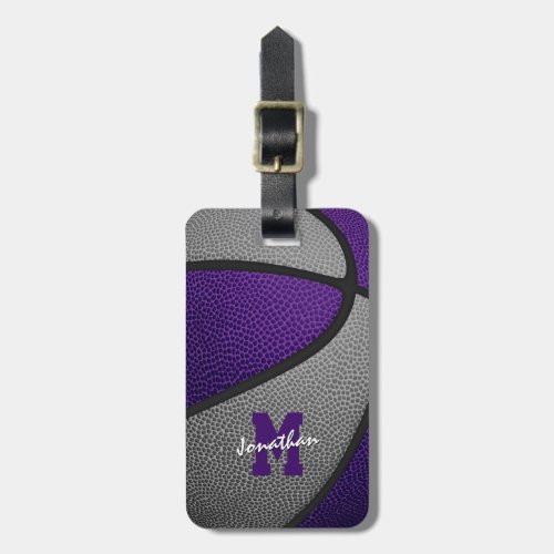 purple gray team colors monogrammed basketball luggage tag