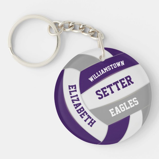 purple gray team colors personalized volleyball keychain (Front)