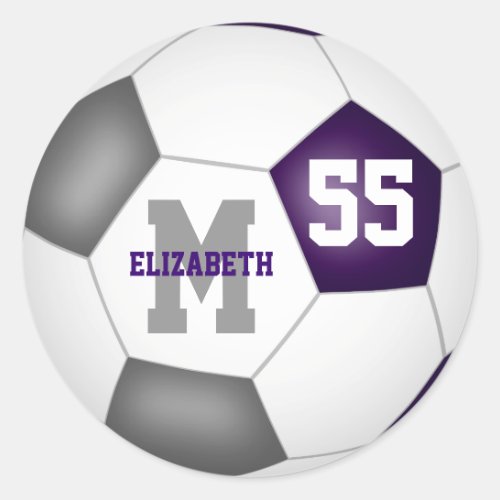 purple gray team colors soccer ball personalized classic round sticker