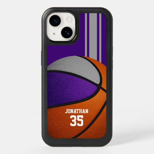Purple gray team colors varsity stripes basketball OtterBox iPhone 14 case